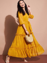 Self Design V-Neck Puff Sleeves Ruffled Tiered Fit & Flare Maxi Dress in Germany