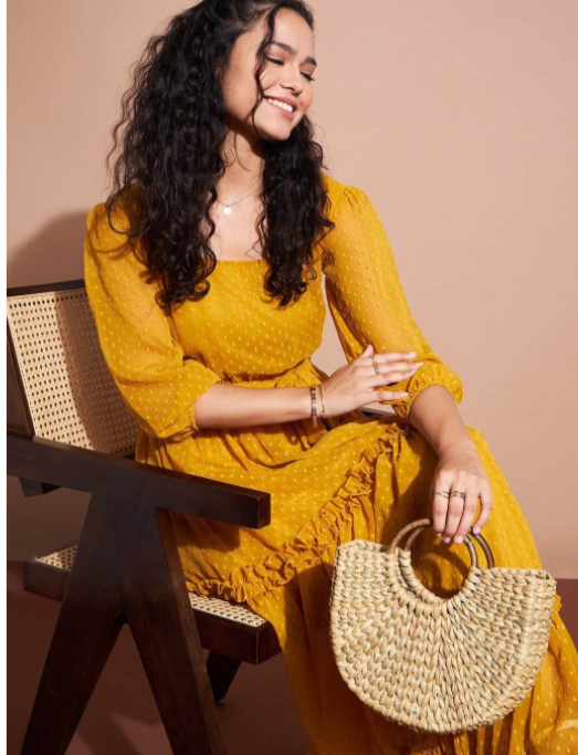 Self Design V-Neck Puff Sleeves Ruffled Tiered Fit & Flare Maxi Dress in Germany