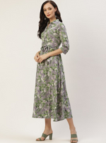 Grey & White Floral Crepe Midi Dress in Berlin
