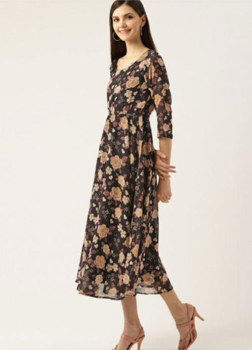 Black Floral Printed Georgette Fit & Flare Midi Dress in Berlin