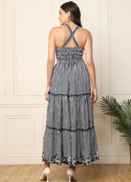 BLUE STRIPED WITH BORDER PRINTED WOMEN TIERED MAXI DRESS in Munich