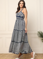 BLUE STRIPED WITH BORDER PRINTED WOMEN TIERED MAXI DRESS in Munich