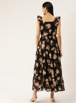 Black Floral Printed Flutter Sleeves Georgette Tiered Gathered Maxi Dress in Munich