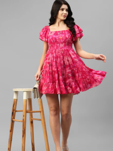 VISCOSE MUSLIN FOIL PRINTED WOMEN'S TIERED DRESS In Munich