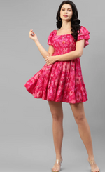 VISCOSE MUSLIN FOIL PRINTED WOMEN'S TIERED DRESS In Munich