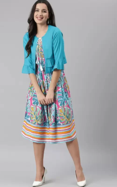 Women Printed Rayon Round Neck Calf Length Dress in Germany
