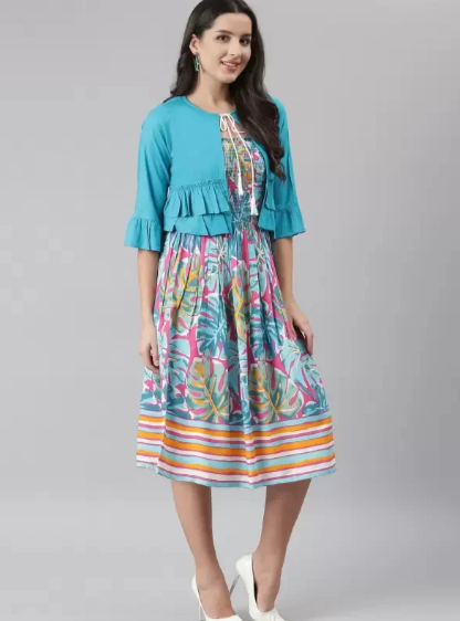 Women Printed Rayon Round Neck Calf Length Dress in Germany