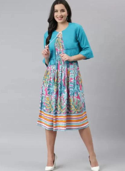 Women Printed Rayon Round Neck Calf Length Dress in Germany