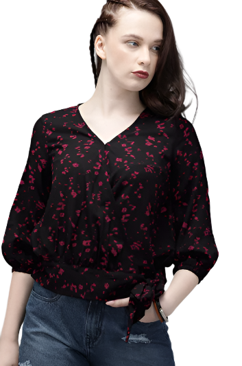 Women Black Abstract Printed Waist Tie-Up Knitted Wrap Top in Germany