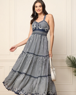 BLUE STRIPED WITH BORDER PRINTED WOMEN TIERED MAXI DRESS in Munich