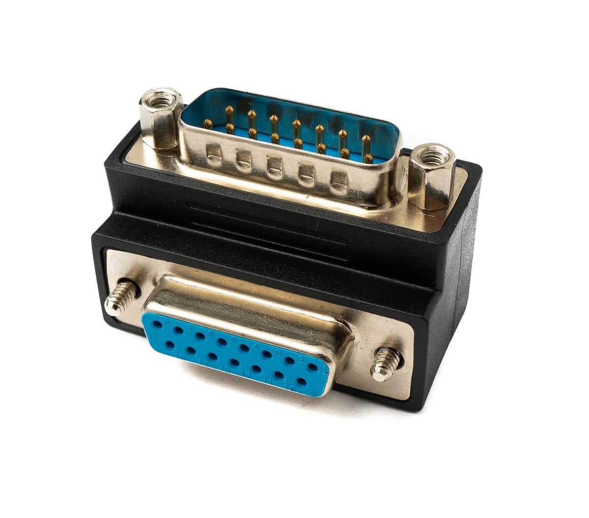 DB15 Adapter DSUB 15 Pin Stecker zu Buchse 90° Winkel Schraube Kabel in Schwarz | System-S