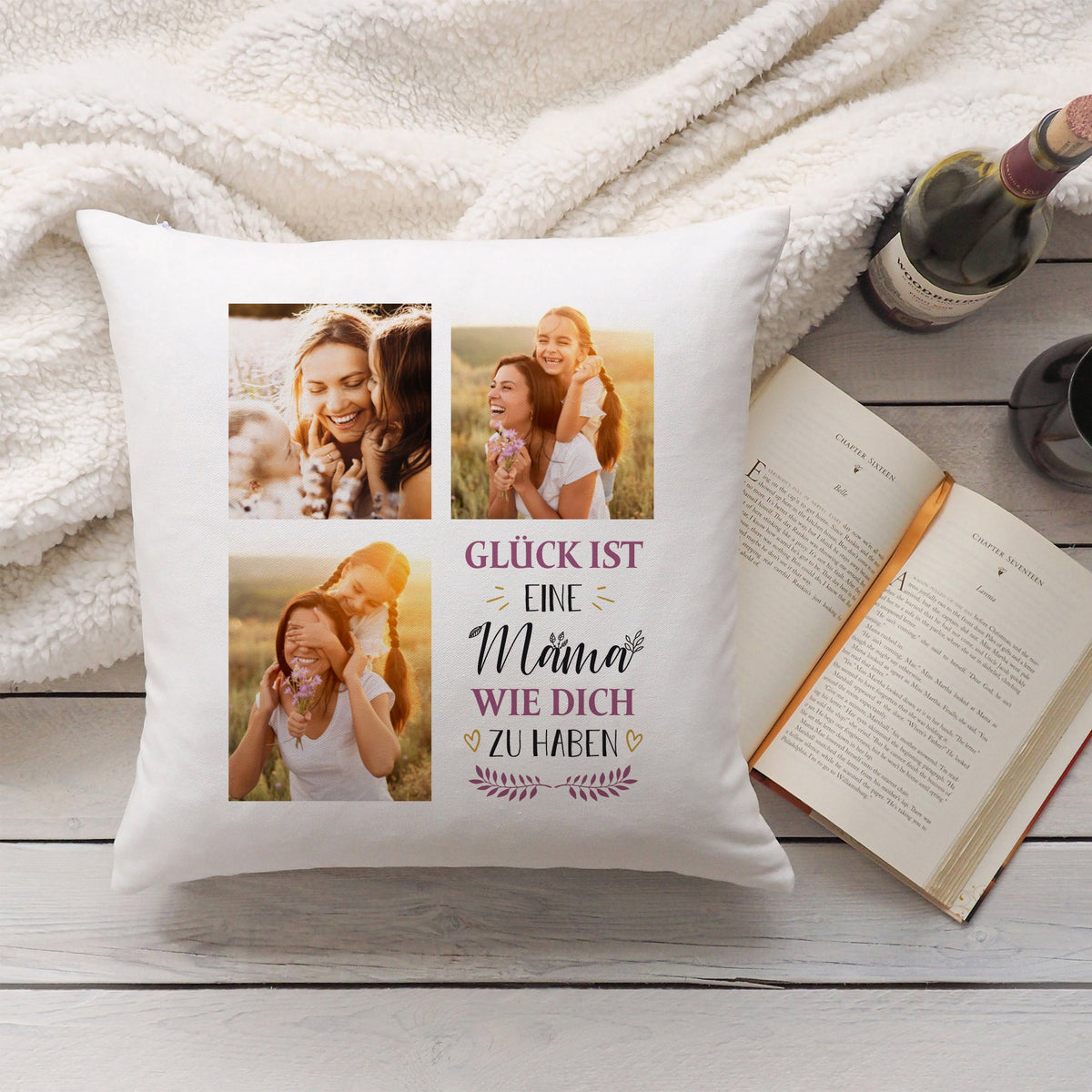 Bedrucktes Kissen mit Spruch Glück ist eine Mama wie dich zu haben & eigenen Fotos