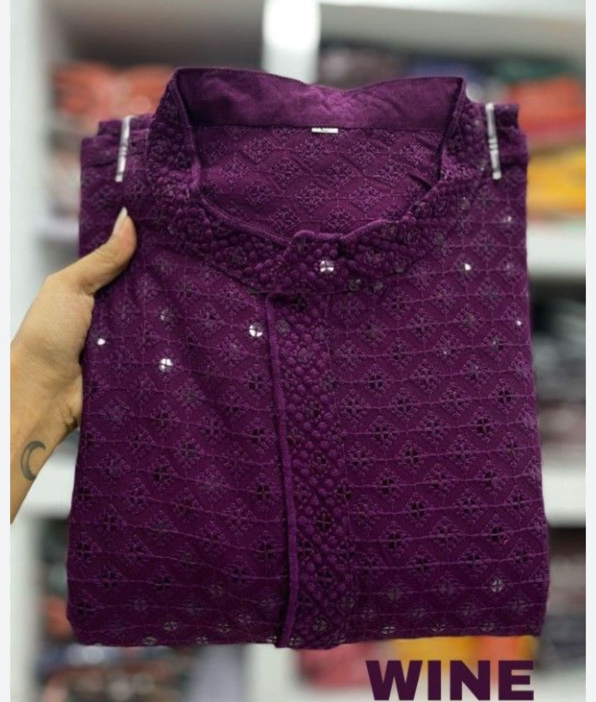 Men's Kurta Churidar with Embroidery Cotton Rayon Wine