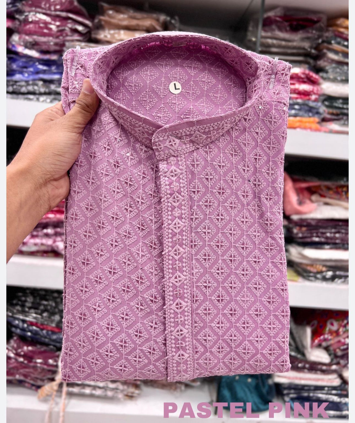 Men's Kurta Churidar with Embroidery Cotton Rayon Pastel pink