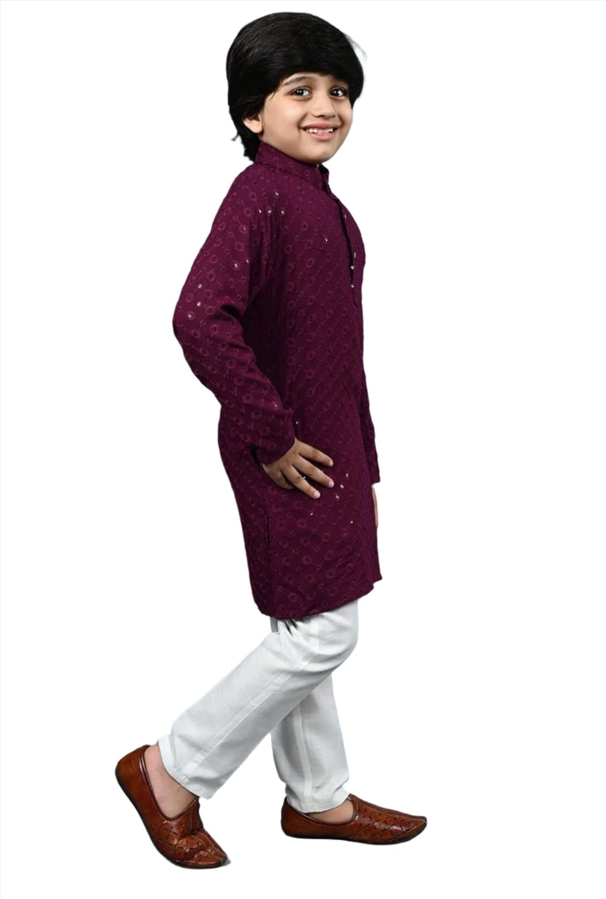 Boys Kurta Pajama Sequin Print Embroidery Mirror Work Maroon