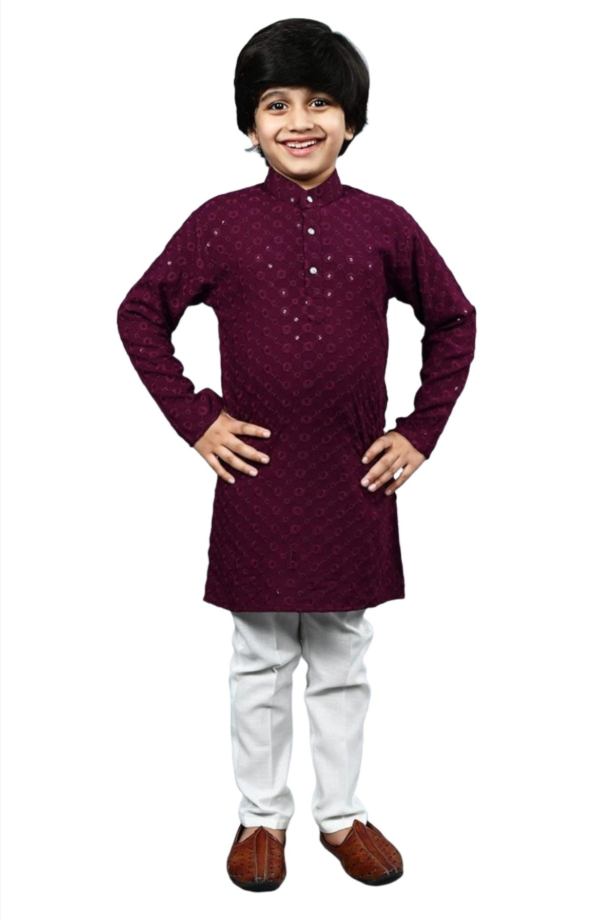 Boys Kurta Pajama Sequin Print Embroidery Mirror Work Maroon