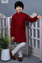 Boys Kurta Pajama Sequin Print Embroidery Mirror Work Red
