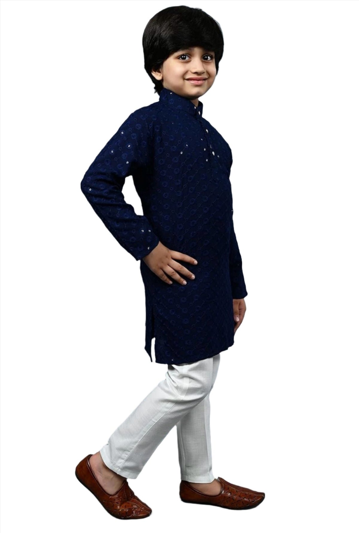 Boys Kurta Pajama Sequin Print Embroidery Mirror Work Blue