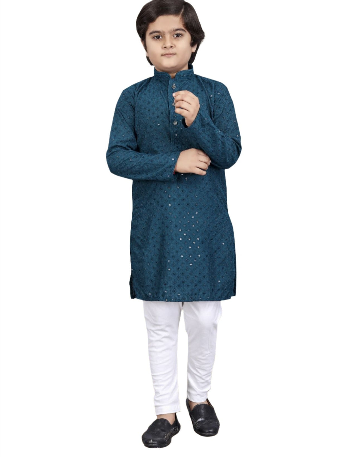 Boys Kurta Pajama Sequin Print Embroidery Mirror Work rama blue