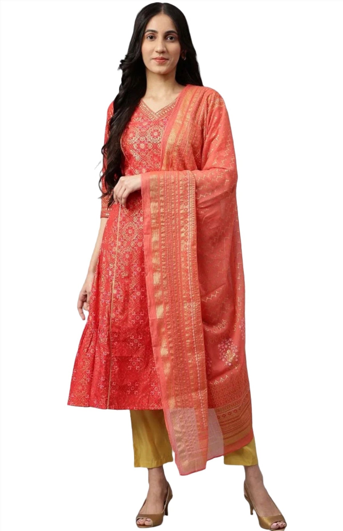 Red Printed kurta-Teal Trouser- Dupatta Set in Poland