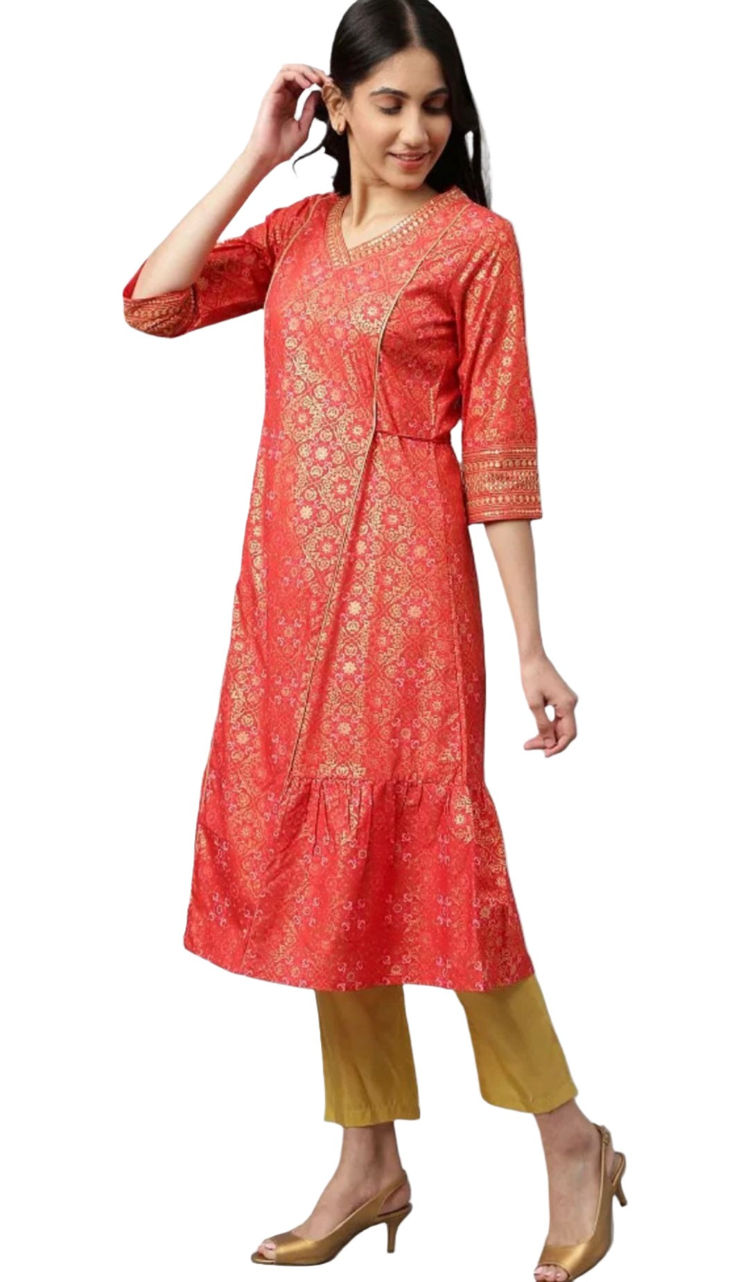Red Printed kurta-Teal Trouser- Dupatta Set in Poland