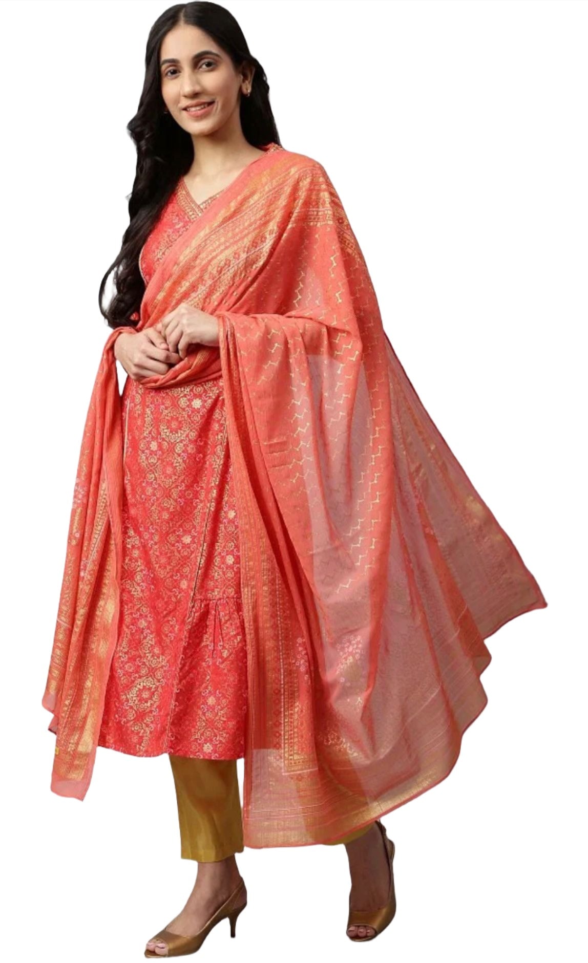 Red Printed kurta-Teal Trouser- Dupatta Set in Poland
