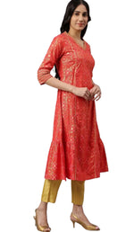 Red Printed kurta-Teal Trouser- Dupatta Set in Poland