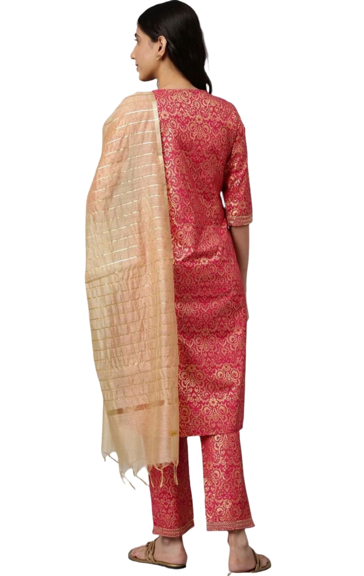 Wine Yarn-Dyed Straight kurta-Trousers-Dupatta Set in Munich