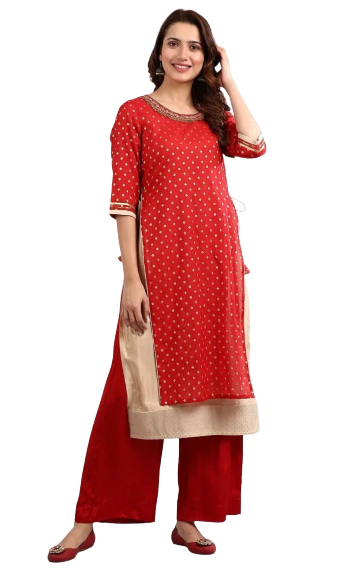 Red Round Neck Embellished kurta Set in Poland