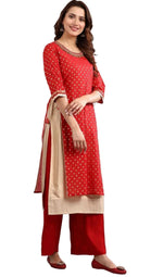 Red Round Neck Embellished kurta Set in Poland