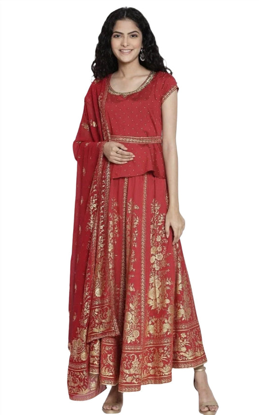 Red Printed Top Skirt Dupatta Set in Berlin