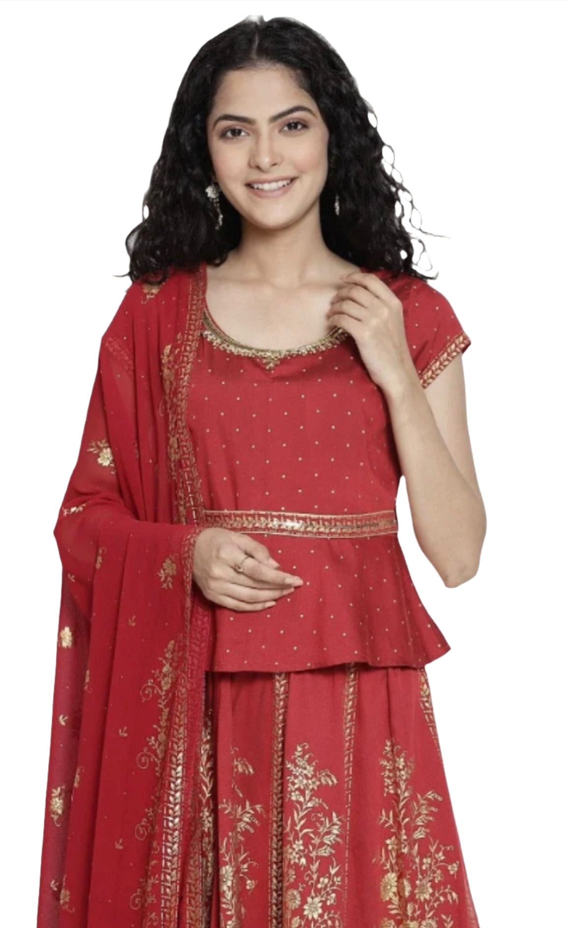 Red Printed Top Skirt Dupatta Set in Berlin