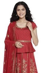 Red Printed Top Skirt Dupatta Set in Berlin