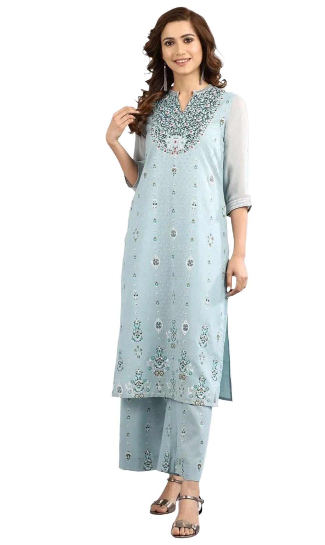 Blue Band Collar Printed kurta Set in Poland