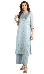 Blue Band Collar Printed kurta Set in Poland