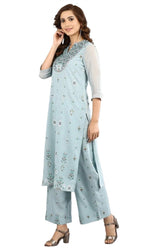 Blue Band Collar Printed kurta Set in Poland