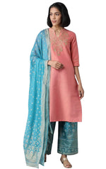 Peach Yarn-Dyed Straight kurta-Palazzos-Dupatta Set in Berlin