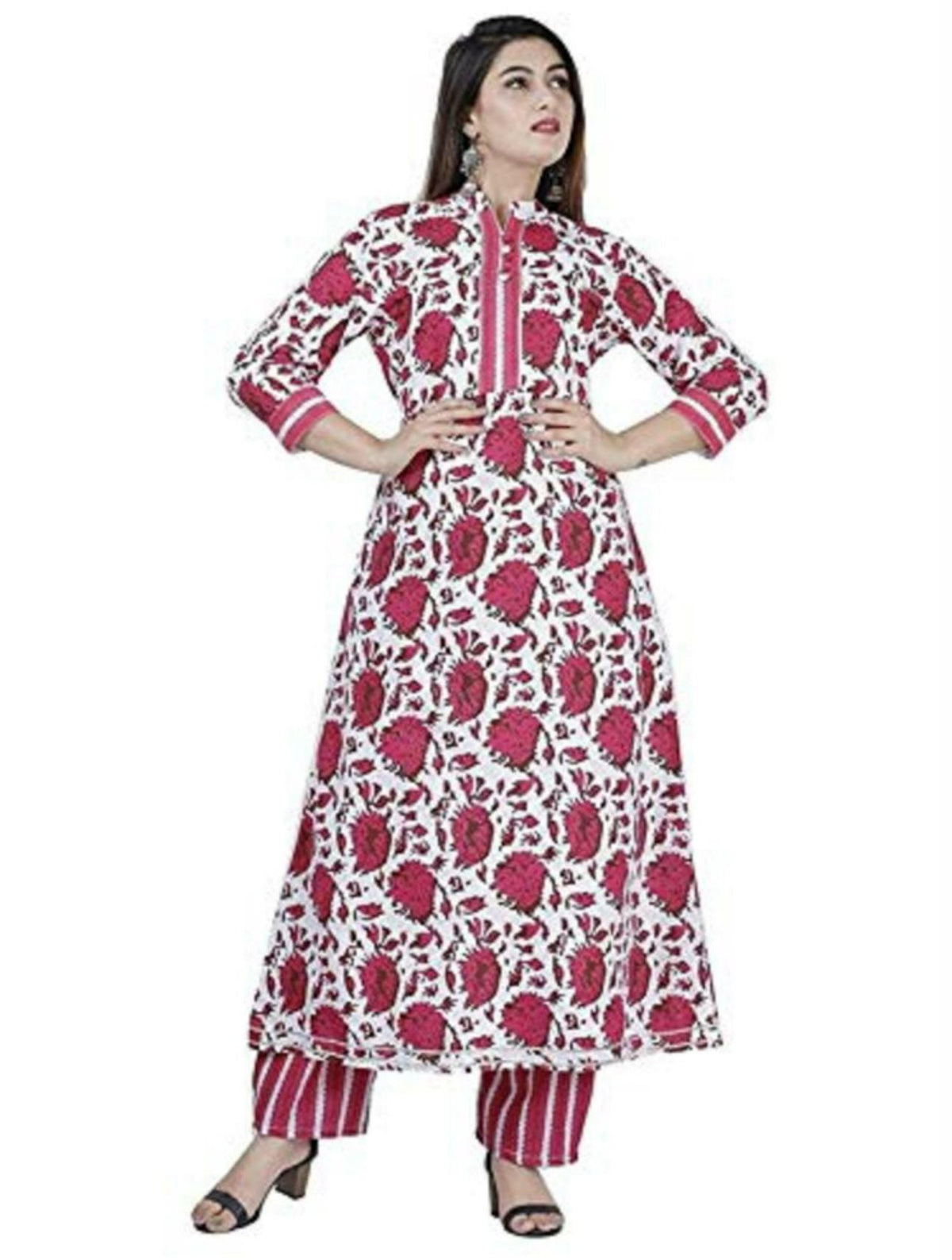Women Red Cotton Kurti Pant Dupatta Set