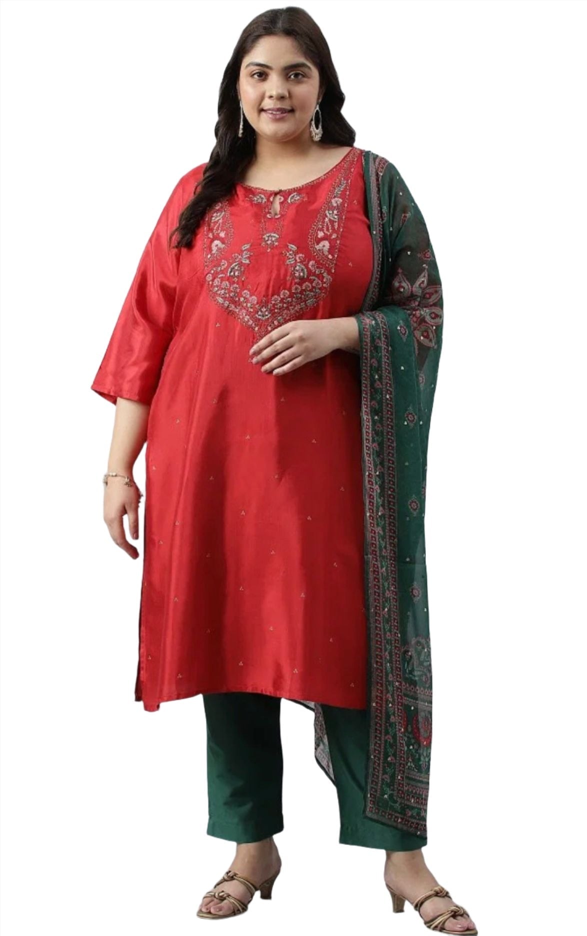 Plus Size Red Glitter Printed Festive kurta With Green Slim Pants And Printed Dupatta in Poland
