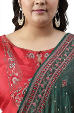 Plus Size Red Glitter Printed Festive kurta With Green Slim Pants And Printed Dupatta in Poland