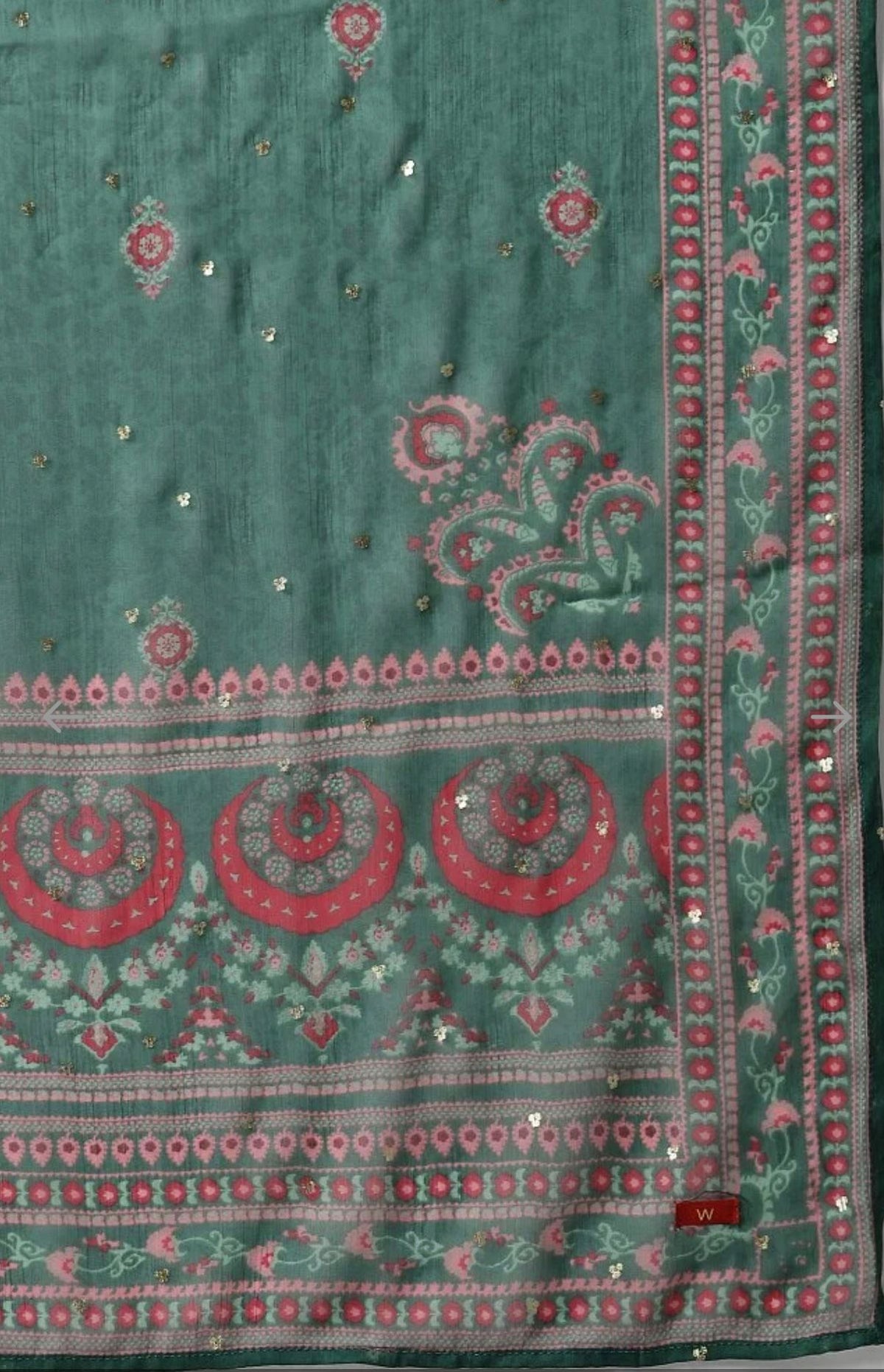 Plus Size Red Glitter Printed Festive kurta With Green Slim Pants And Printed Dupatta in Poland