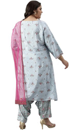 Plus Size Light Blue Paisley Print High-Low kurta With Draped Pants And Pink Dupatta in Germany