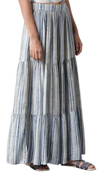 Ecru and Blue Stripe Print Tiered Skirt