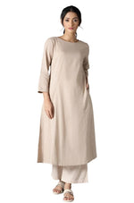 Beige Classic A-Line kurta With Kantha In Round Neck in Paris