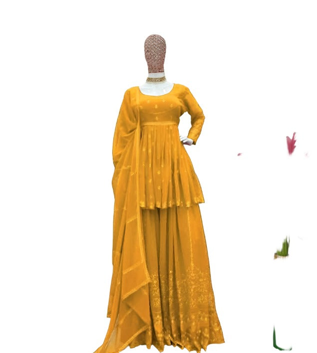 Yellow georgette thread embroidery work designer palazzo suit in Essen