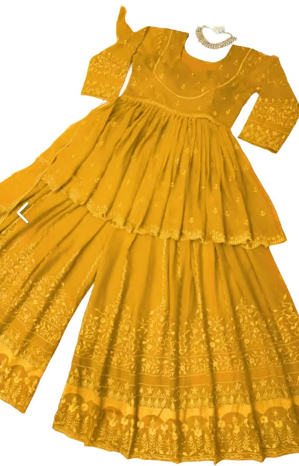 Yellow georgette thread embroidery work designer palazzo suit in Essen
