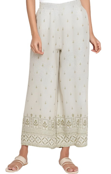 Ecru and Olive Printed Parallel Pants in Paris
