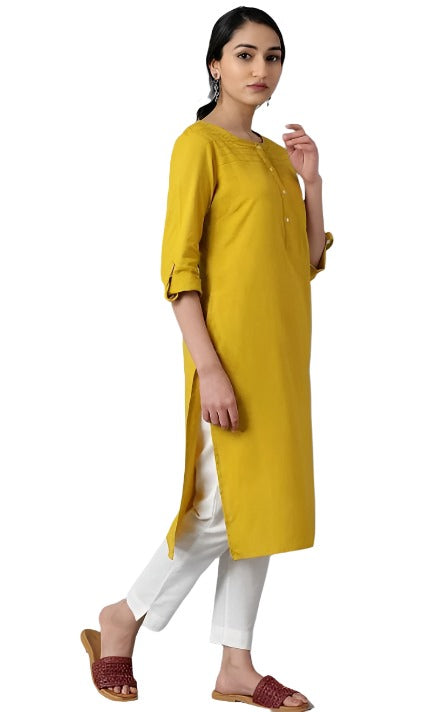 Mustard Yellow Round Neck Solid kurta in Essen