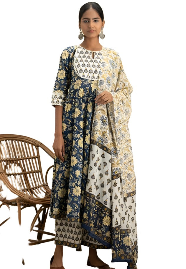 Blue Printed Cotton Anarkali Kurta With Palazzos & Dupatta in Berlin