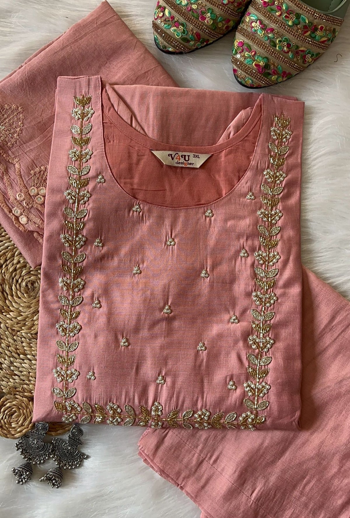Handwork at Neck gotta Patti Pearl Dola Silk Kurta Dupatta Bottom Set in Germany